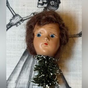 Vintage Doll Head with Brown Hair and Blue Eyes